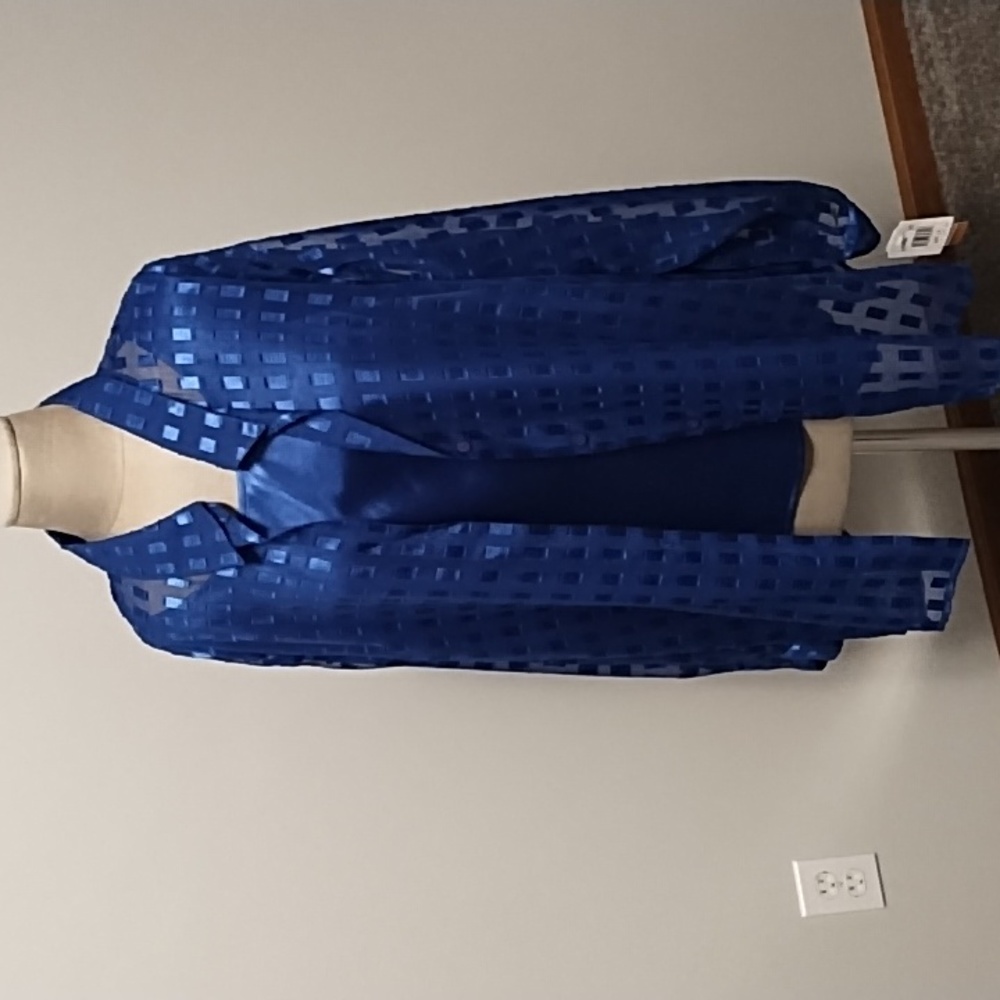 NWT-Notations Long slv semi sheer Royal blue-geometric rectangles satin blouse